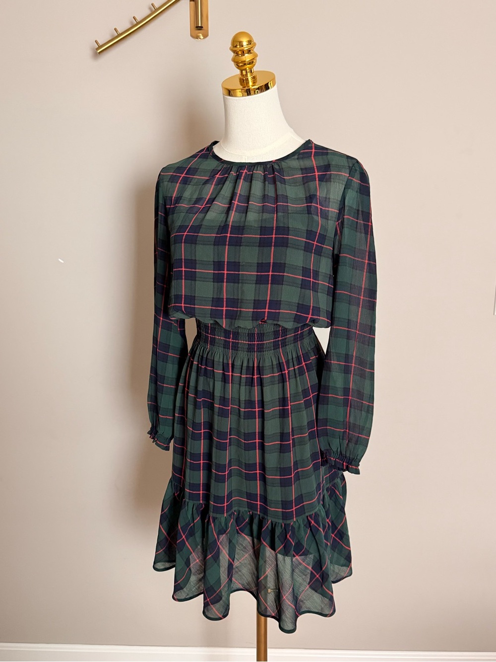 TS Collection Plaid Chiffon Ruffle Dress w Slip XS